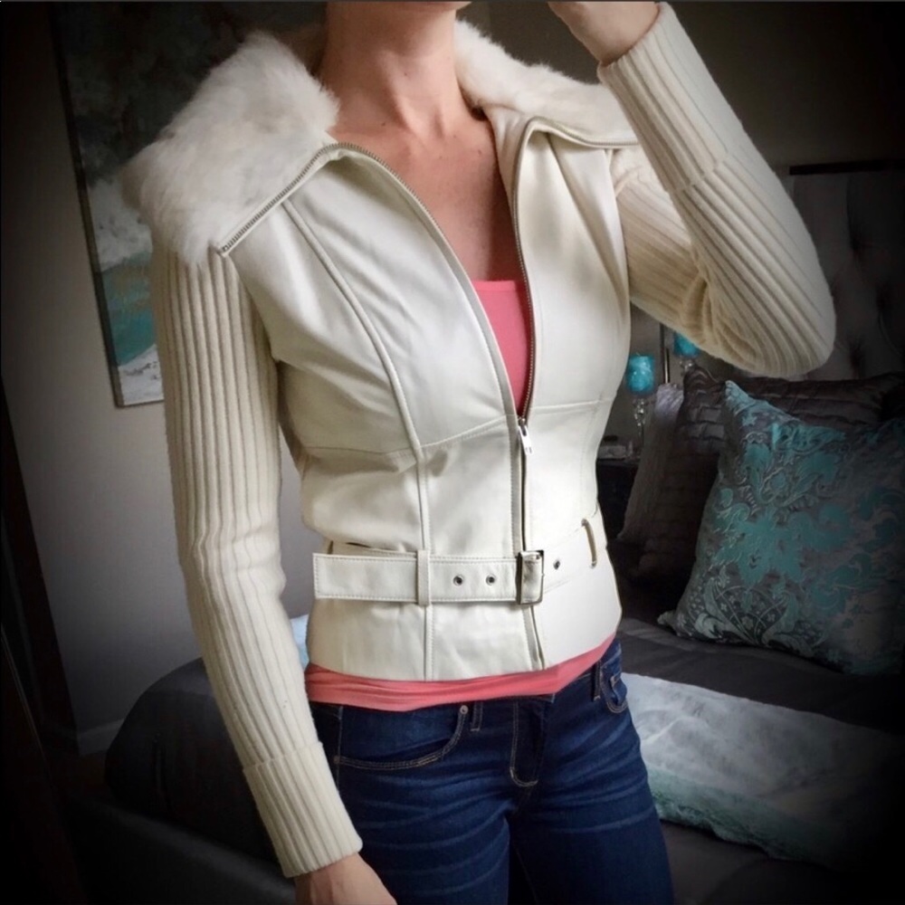 Cache cream leather, wool and rabbit fur jacket